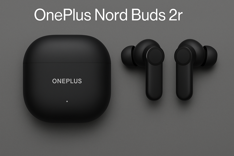 OnePlus Nord Buds 2r earbuds and charging case on a wooden table