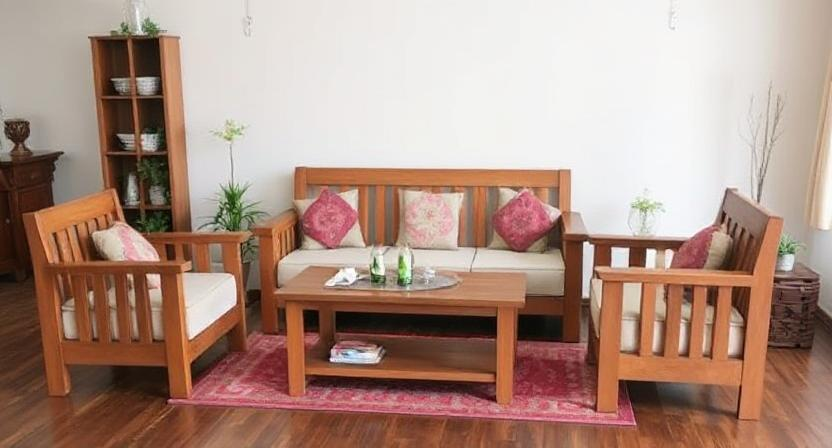 Various wooden sofa sets made from teak, sheesham, mango, and engineered wood.