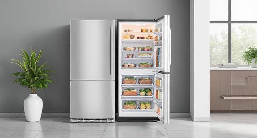 Sleek compact single door fridge in small kitchen