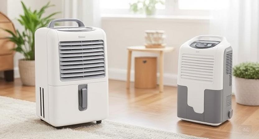 Compact portable dehumidifier removing moisture in modern living room