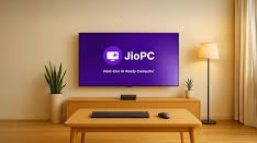 Jio PC app screen on TV with logo and virtual desktop interface