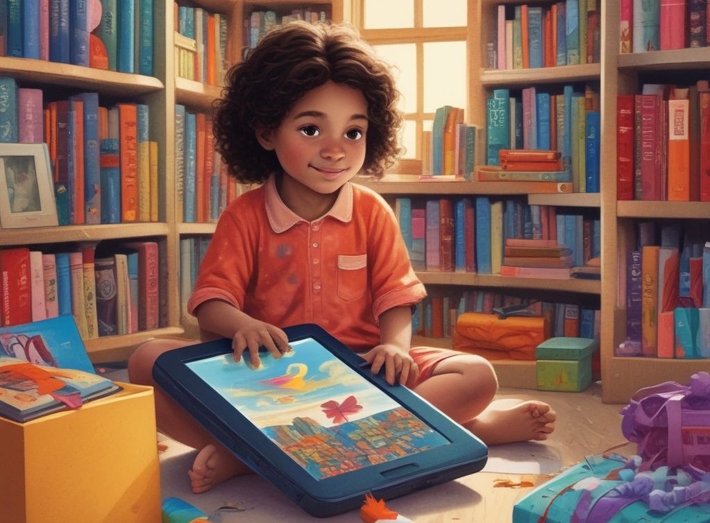 Child using Kindle Colorsoft Kids with colourful reading interface