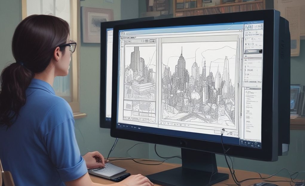 Indian user working on ultra-slim touch-screen computer monitor 2025