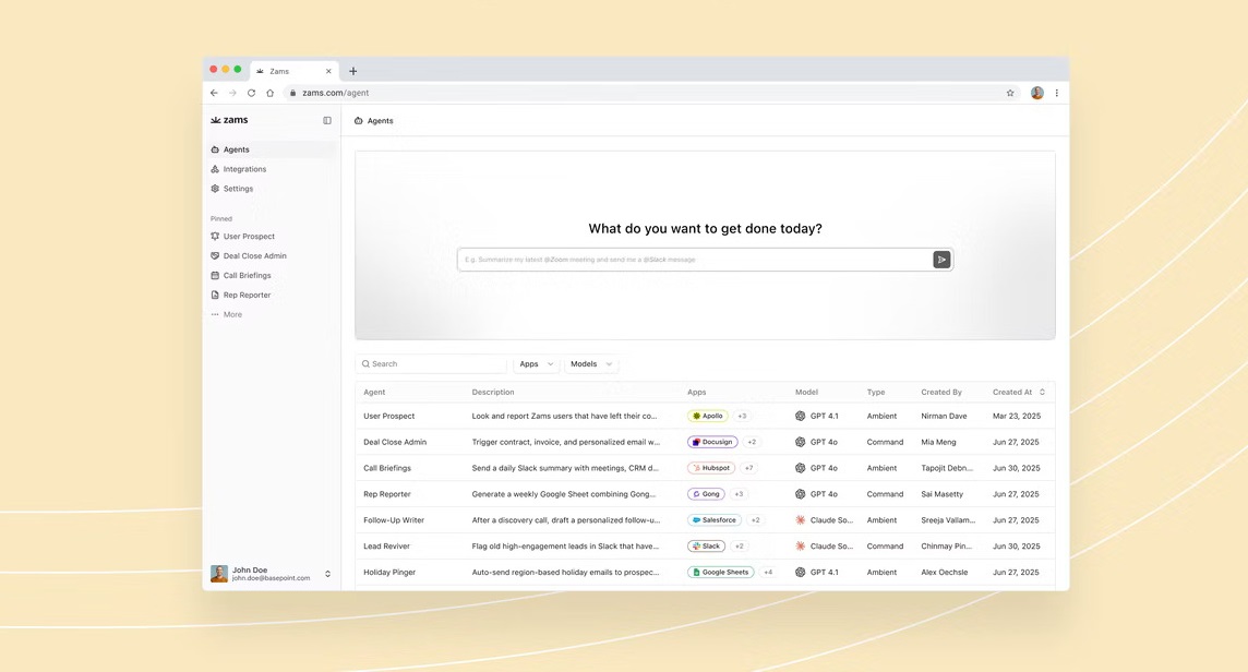 Screenshot of Zams sales automation platform showing AI agent tasks in HubSpot integration