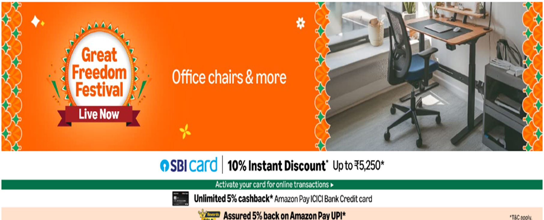 Amazon Great Freedom Festival 2025 live deals on office chairs, ergonomic furniture, and work-from-home essentials for Indian shoppers