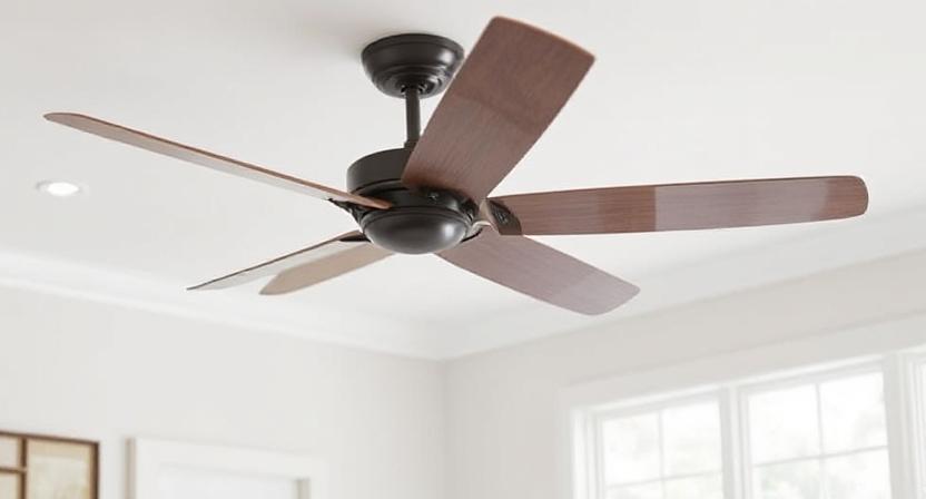 Elegant 5-star ceiling fan with sleek blades and ambient lighting in a modern living room