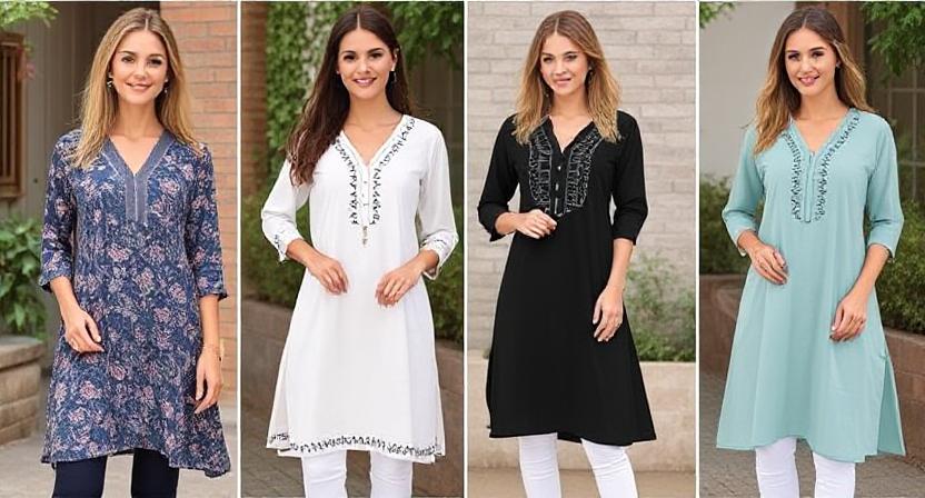 Elegant women’s V-neck kurti in modern ethnic design, perfect for casual, office, and festive events