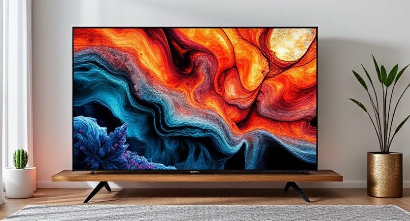 A sleek modern high-definition television in a living room, showing vibrant visuals.