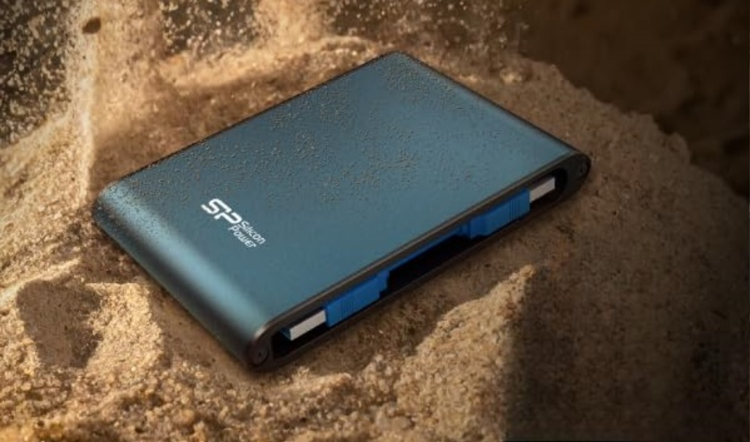 Rugged external hard drive with shock protection.
