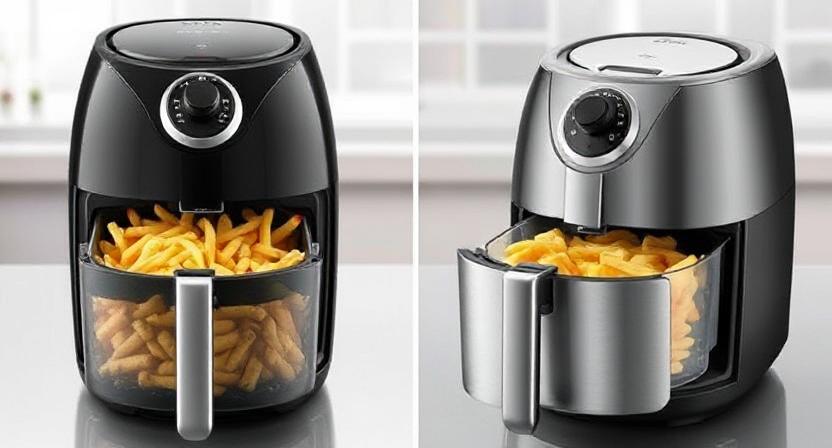 Close-up of Golden Crispy Frozen French Fries Cooked Perfectly in a Basket-style Air Fryer Using a Non-stick Parchment Liner.