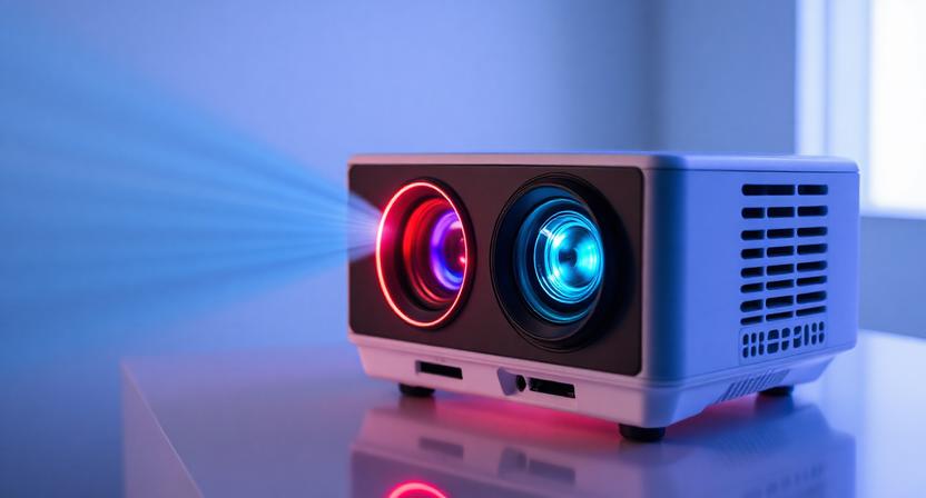 Futuristic Ai Projector Mapping Dynamic 3d Visuals Onto a Textured Wall, Showing Interactive Smart Home Entertainment.