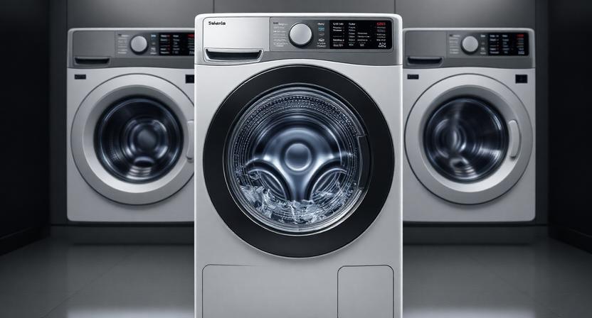 Sleek, futuristic ai washing machine with touchscreen control, showcasing automatic fabric recognition for water and energy savings.