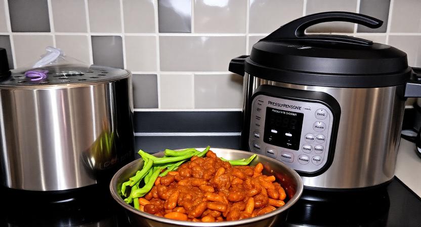 Modern Stainless Steel Electric Pressure Cooker with Lid Closed on Kitchen Countertop, Speeding Up Meal Prep.