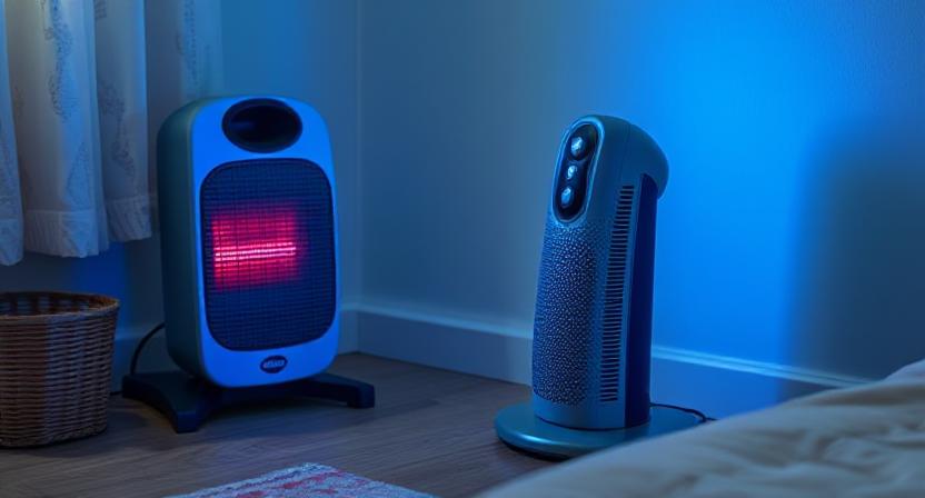Quiet, Energy-efficient Ceramic Bedroom Space Heater with Adjustable Thermostat on a Cozy Wooden Nightstand in Winter.