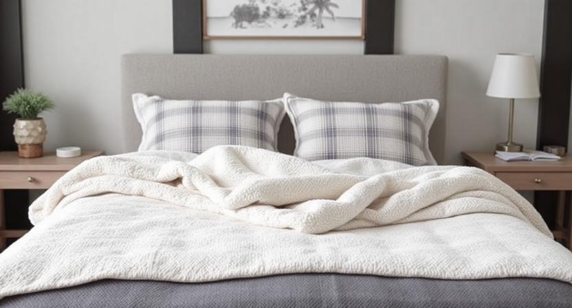 Luxurious, Hand-knitted, Chunky Wool Throw Blanket in Cream Color, Draped on a Reading Chair.