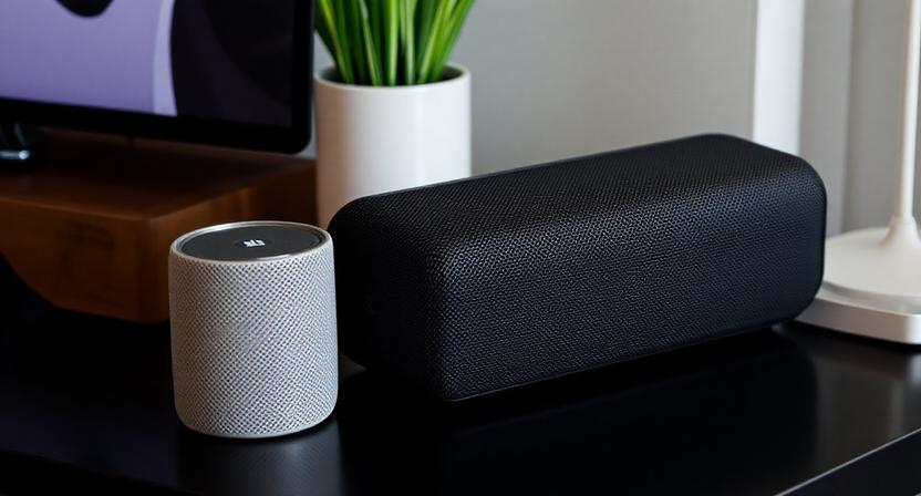 Minimalist Wood-grain Bluetooth Speaker Playing Crystal Clear Music on a Modern Shelf.