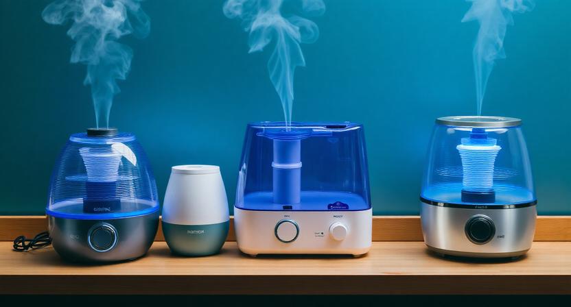 Ultrasonic Cool Mist Humidifier Operating in a Bedroom, Filtering Air and Displaying Soft Led Light.