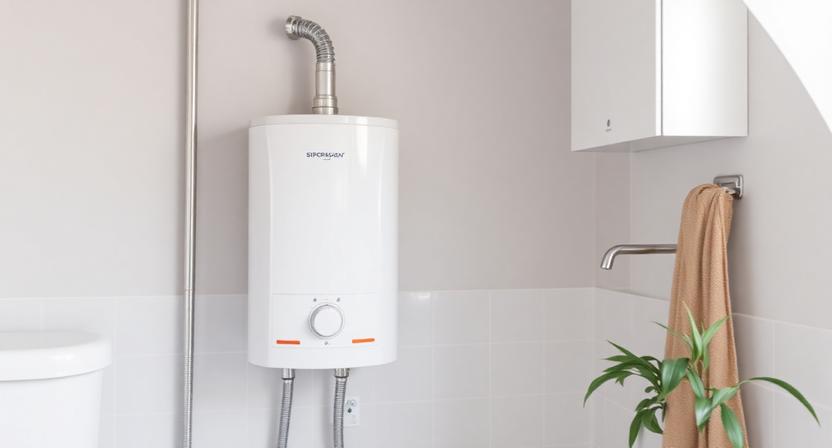 Sleek Wall-mounted Compact Instant Electric Water Heater Unit in a Modern Bathroom.