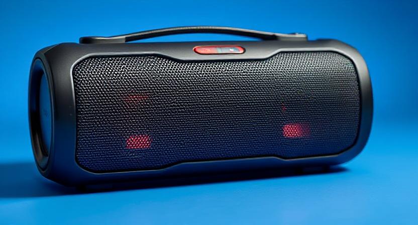 Black Weatherproof Portable Bluetooth Speaker Delivering Powerful Deep Bass at a Beach Campsite.