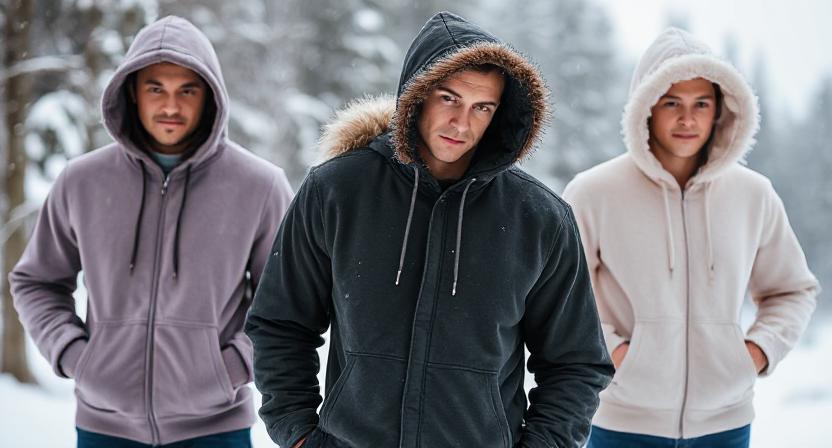 Pair of Ultra-soft, Thick, Oversized Neutral Winter Hoodies for Men and Women on a Rustic Wood Background.