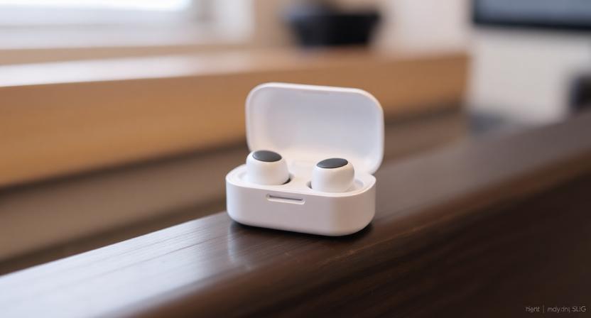 Pair of Sleek Black True Wireless Earbuds with Charging Case on a Modern Desk, Emphasizing Low-competition Feature Keywords.