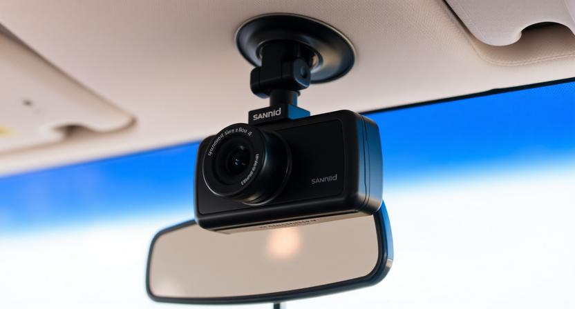 Compact Black Car Dashboard Camera with Wide-angle Lens Mounted on Windshield.