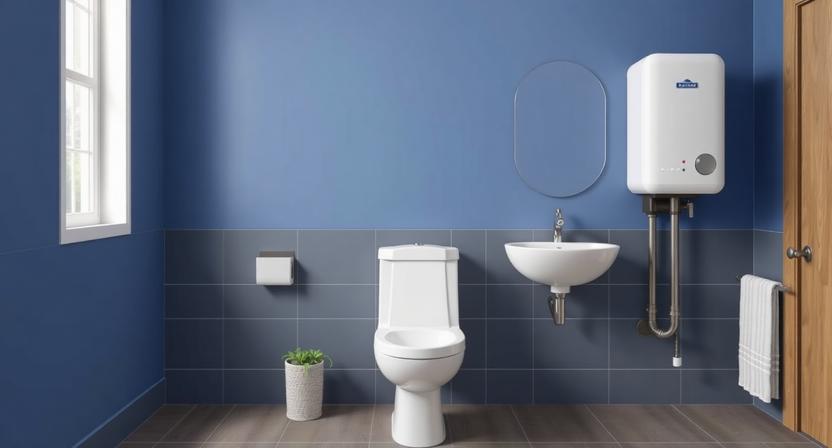 Close-up Of a sleek, Silver High-capacity Geyser with Digital Display, Indicating 50-liter Storage and Fast Heating.