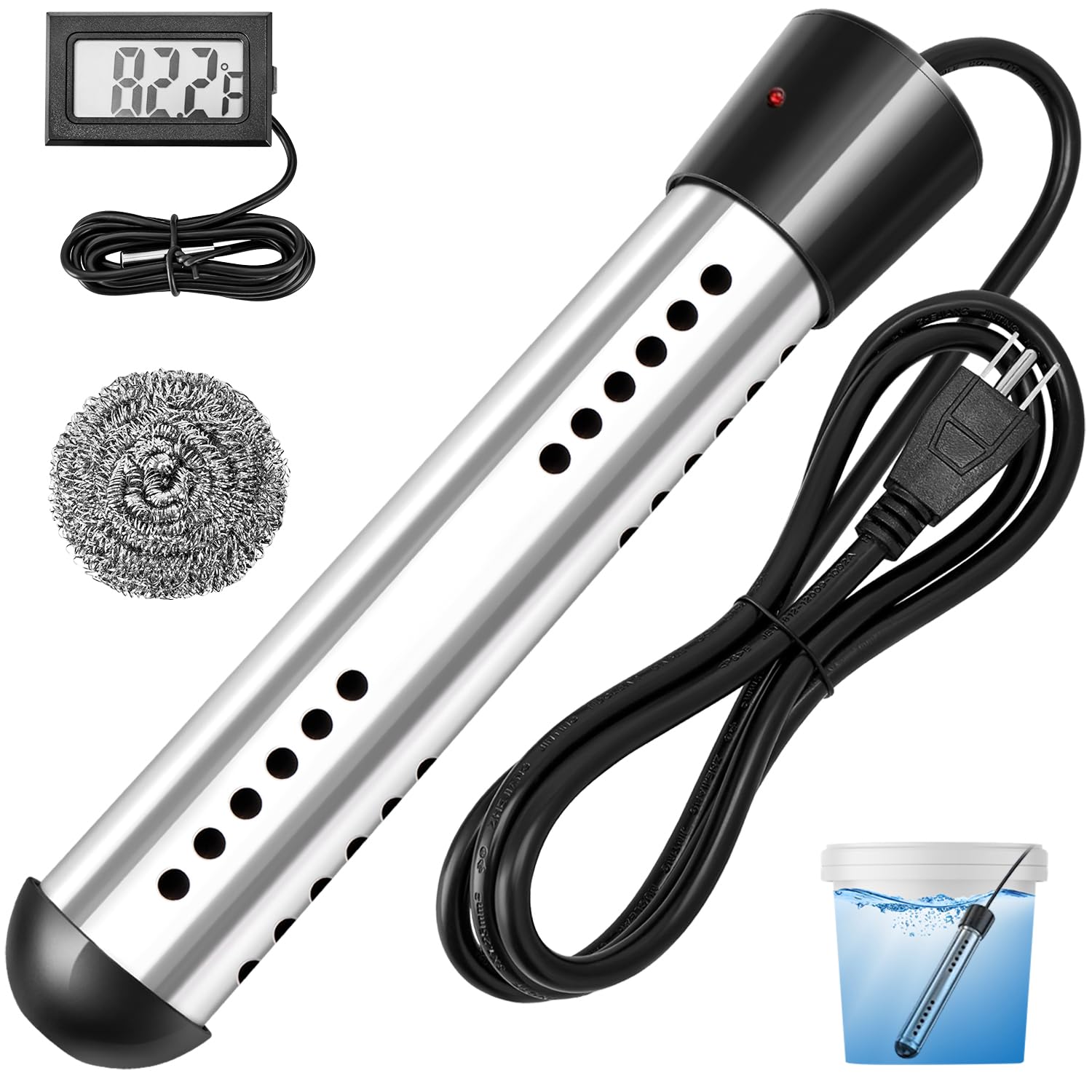 Immersion Water Heater Electric 2000w, Portable Water Heater with Lcd Thermometer and 304 Stainless Steel Guard, Bucket Heaters for Fast Heating in Bathtubs, Small Pools, Basins