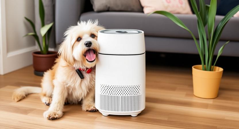 Medical-grade Hepa Air Purifier Capturing Floating Pet Dander and Neutralizing Litter Box Odors in a Living Room with a Cat and Dog.
