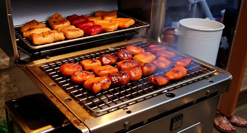 High-performance Stainless Steel Gas Grill with Heavy-duty Cast-iron Grates and Side Burner on a Modern Patio.