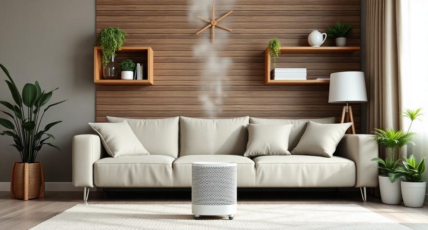 Modern Living Room Featuring a Sleek Hepa Air Purifier Filtering Invisible Household Pollutants and Pet Dander.