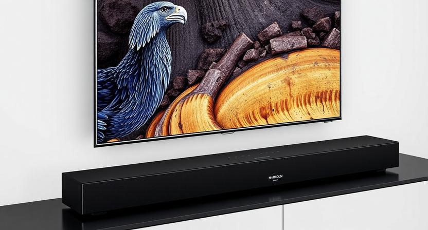 Sleek 2026 Dolby Atmos Soundbar with Wireless Subwoofer Under a Smart Tv, Showcasing Minimalist Home Theater Design.