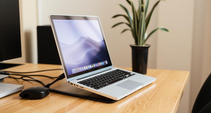 Ergonomic Aluminum Laptop Stand โ Adjustable Height & Cooling Vents - Digital Shop Now Silver Adjustable Aluminum Laptop Stand on a Wooden Desk, Tilted for Ergonomic Viewing with Open Cooling Vents.
