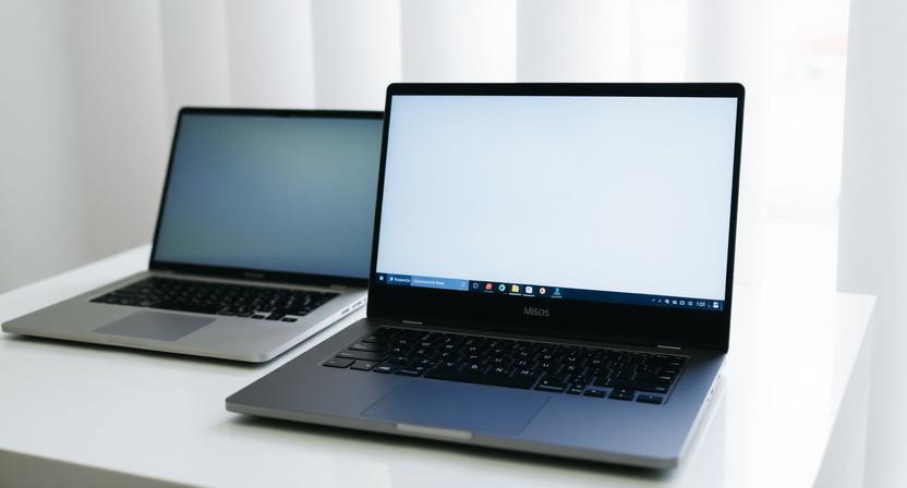 14-inch M5 Macbook Pro and Dell Xps 14 Side-by-side on a Desk, Displaying Benchmark Charts Comparing Battery Life and Ai Processing Speeds for 2026 Laptop Buyers.