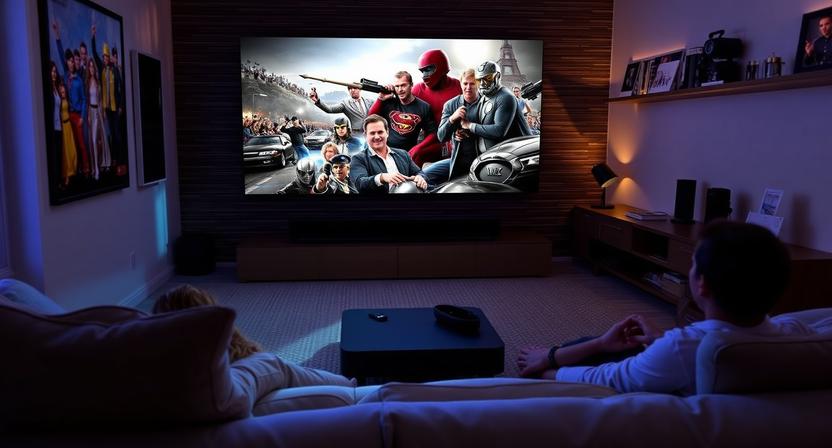 a Sleek, Smart Portable Projector Casting a Vibrant 100-inch 4k Movie Screen on a Living Room Wall, Creating a Professional Home Cinema Experience for Movie Lovers.