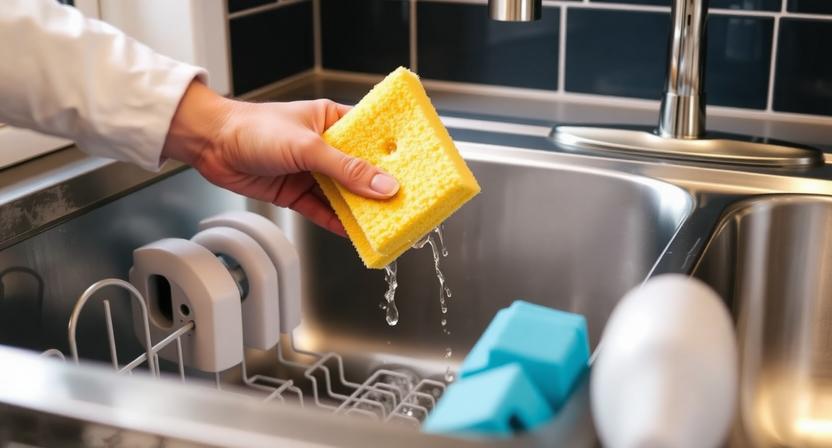 Sustainable Kitchen Dishwasher Vs Sponge Efficiency - Digital Shop Now a Clean, Modern Dishwasher Interior Being Loaded, Replacing a Dirty Kitchen Sponge to Save Water and Reduce Bacteria.