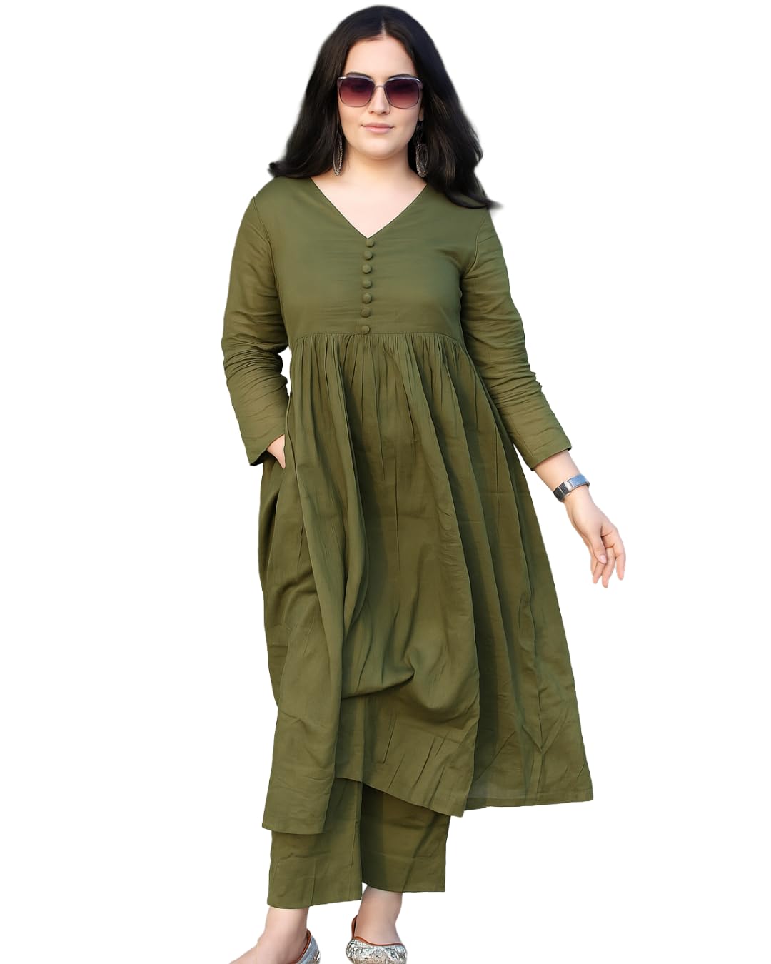 Women's Long Flared V-neck with Button Details Anarkali Shape, Empire Waist,kurta Pant Set | Casual Outfit for Office Wear | Three-quarter Sleeves - Digital Shop Now Women's Long Flared V-neck with Button Details Anarkali Shape, Empire Waist,kurta Pant Set | Casual Outfit for Office Wear | Three-quarter Sleeves