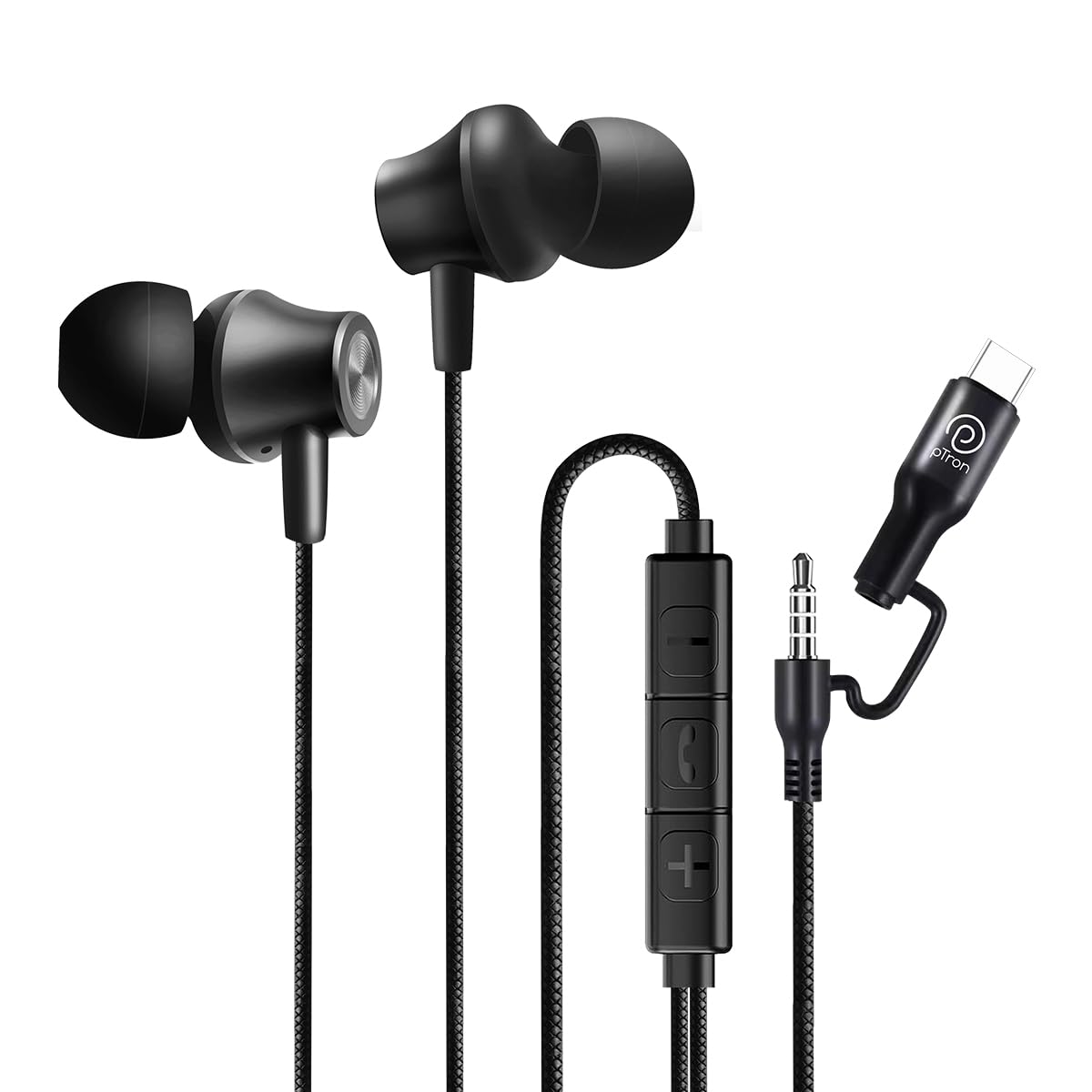 Ptron Boom Play X5 In-ear Wired Earphones W/type-c & 3.5mm Aux Connectors, 10mm Drivers for Pristine Sound, Hd Mic for Clear Calls, In-line Controls,1.2m Tangle-free Cable & Wide Compatibility(black)