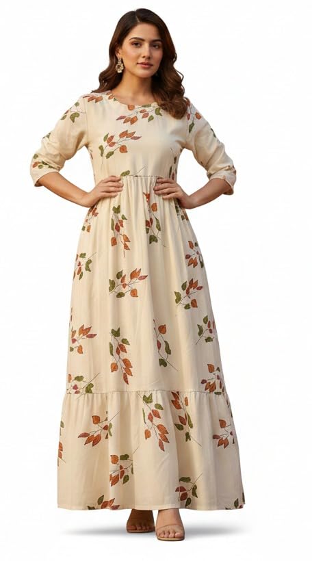 Women's Cream Cotton Blend Floral Print Maxi Dress Kurta, Ankle Length Ethnic Gown with 3/4 Sleeves, Breathable Summer Wear for Casual & Festive Occasions