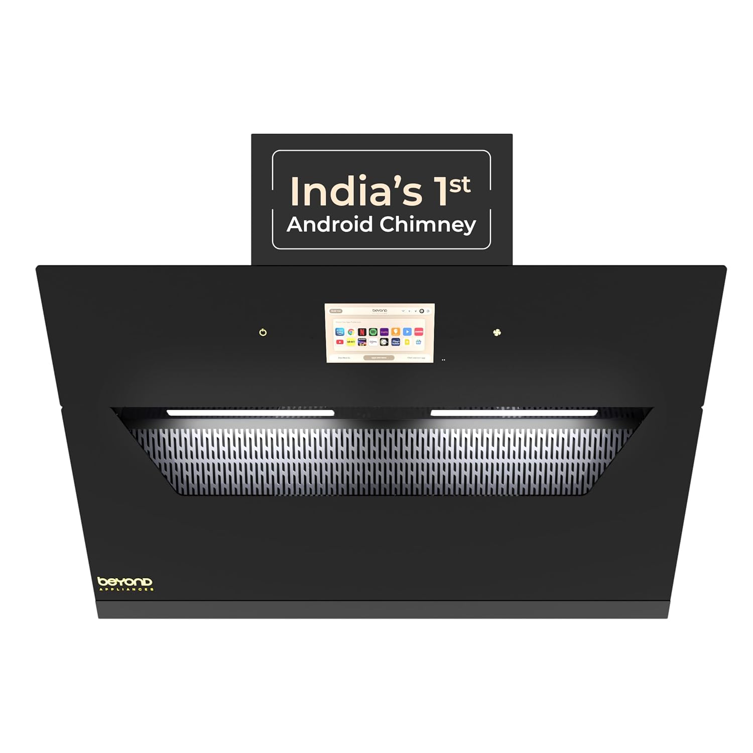 Beyond Appliances Eris 90cm Auto Clean Slant Kitchen Chimney | 1500 Cmh Suction | Filterless | Smart Touchscreen Display | Touch Control | Black | Pan India Service