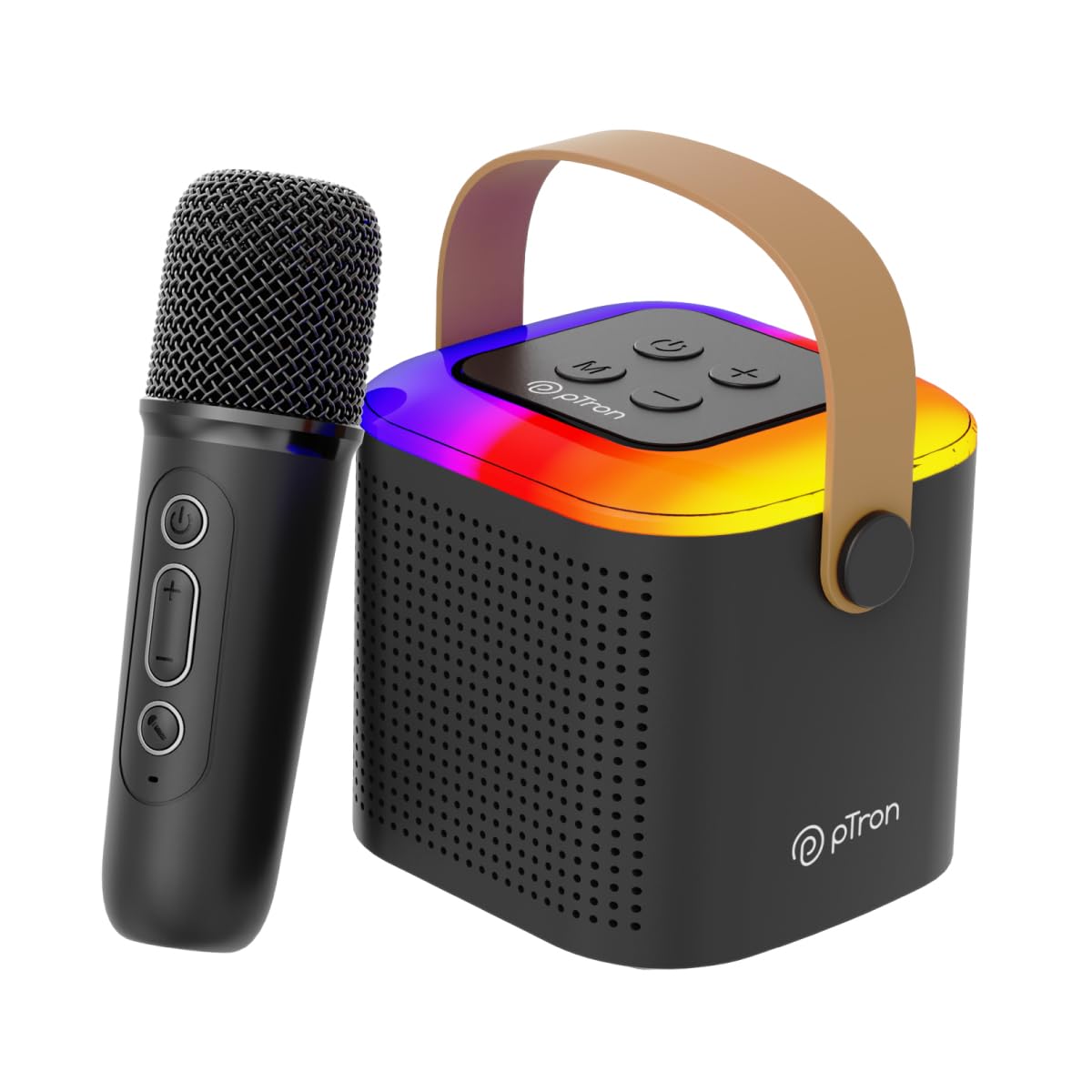 Ptron Newly Launched Fusion Tunes 10w Mini Bluetooth Speaker with Wireless Karaoke Mic, 8hrs Playtime, Vivid Rgb Lights, Voice Effects, Multi-play Modes Bt5.1/tf Card & Type-c Charging Port (black)
