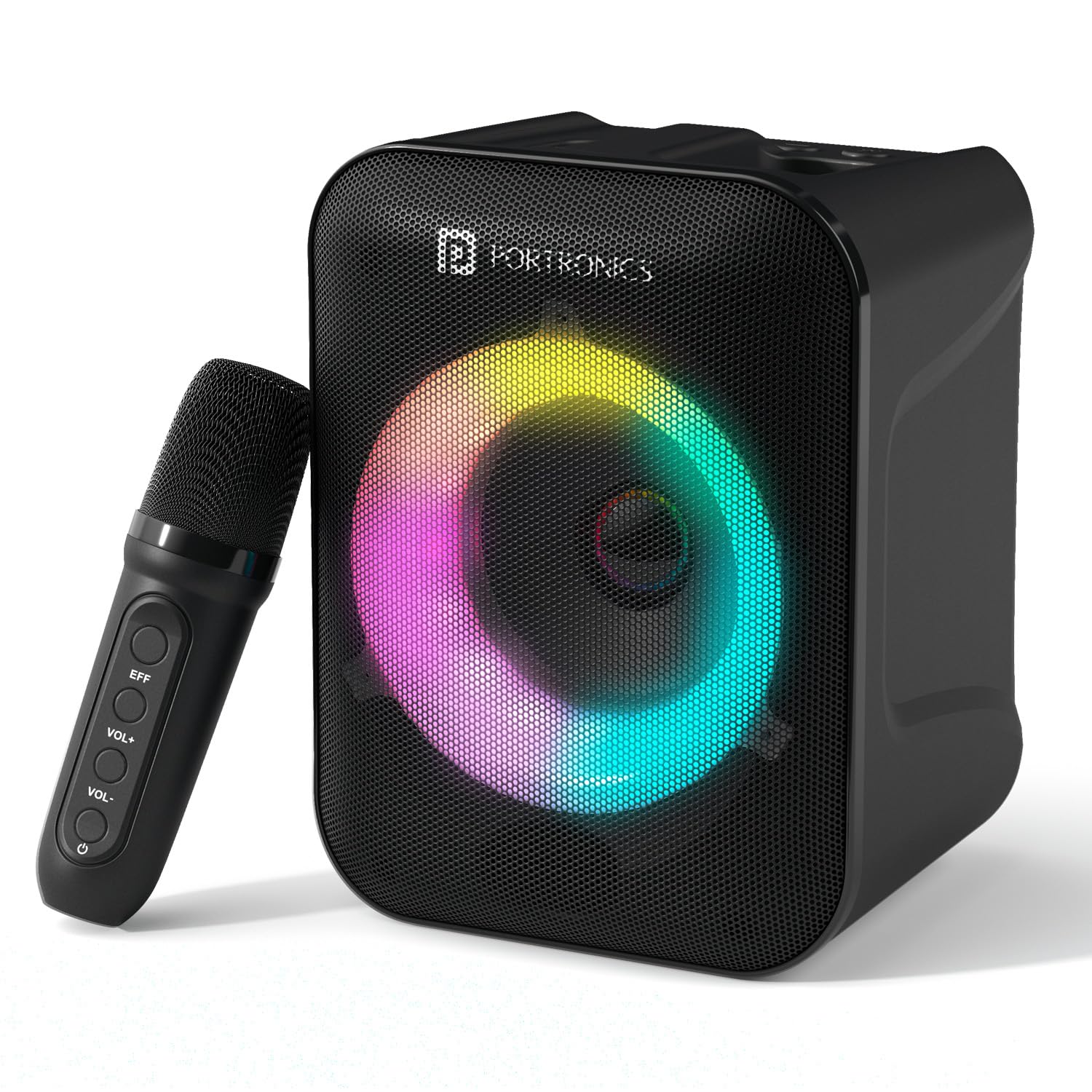 Portronics Apollo One 20w Wireless Bluetooth Portable Speaker with Wireless Karaoke Mic, 5 Hour Playtime, Rgb Led Light, Bluetooth V5.3, Easy Grab Handle, Usb/aux In/tf Card, Type C Charging(black)