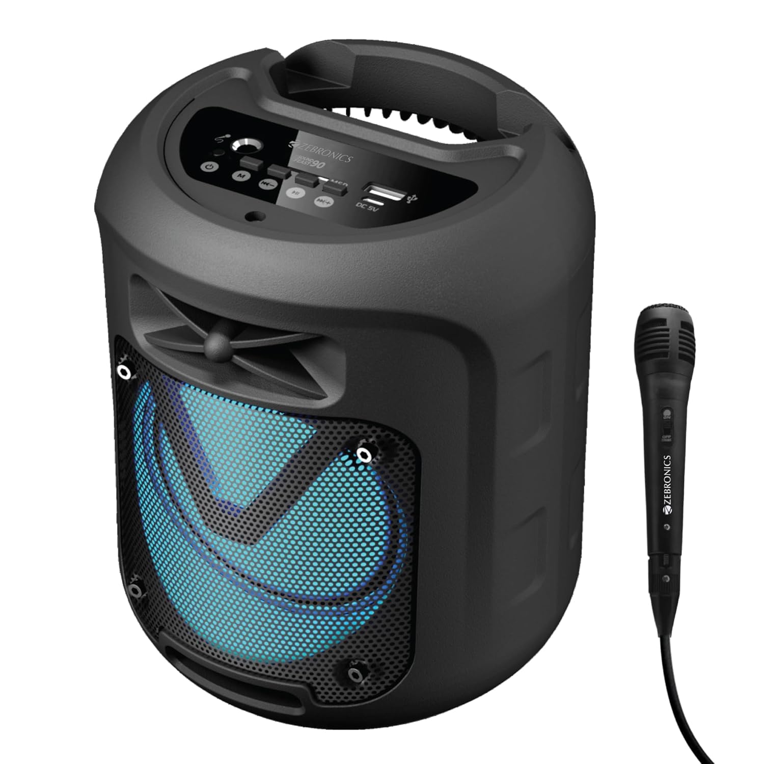 Zebronics Sound Feast 90 10w Output, Portable Wireless Speaker with Bluetooth V5.0, Tws, 6.3mm with Wired Mic, Usb, Msd, Aux, Mobile Holder and Rgb Lights