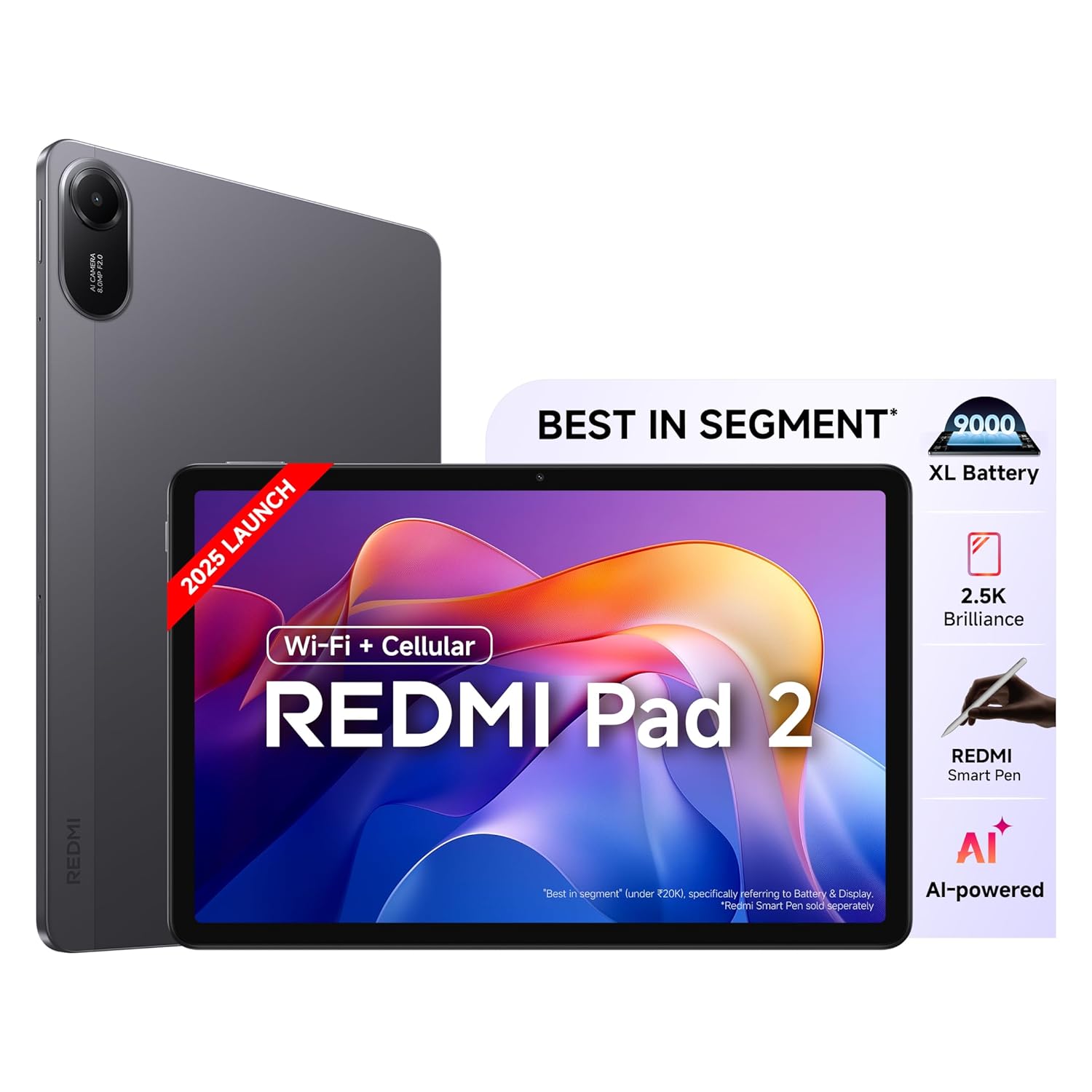 Redmi Pad 2 Wi-fi + Cellular, Active Pen Support, 27.94cm(11") Model, 2.5k Sharp & Clear Display, 8gb, 256gb, All Day & More 9000mah Battery, Ai-enabled, Dolby Atmos, Hyperos 2, Graphite Grey