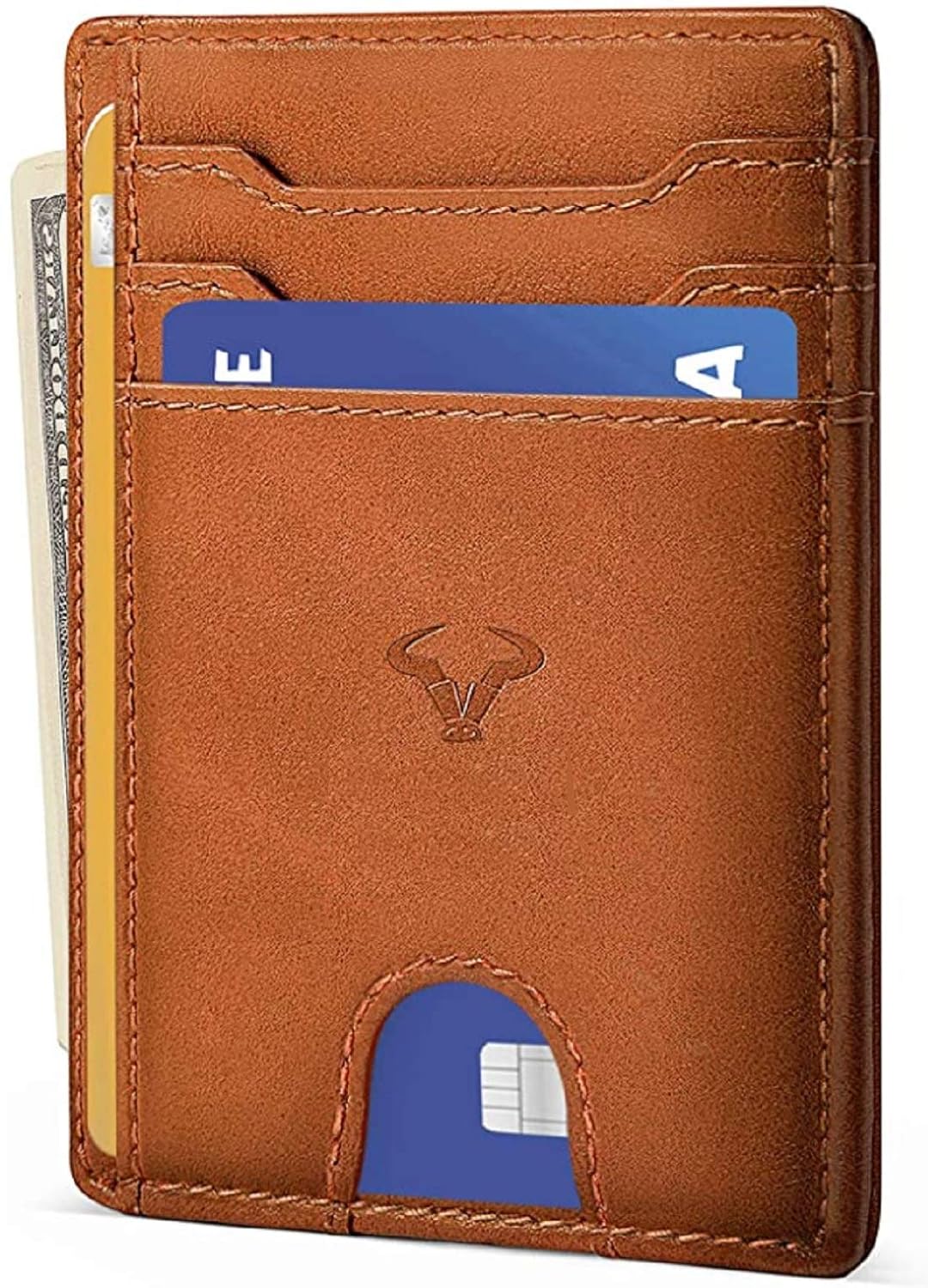 Contacts Genuine Leather Slim Wallet | Rfid Blocking Skinny Minimal Thin Front Pocket Wallet Sleeve Card Holder for Men | Up to 7 Card Slots Including 1 Id Window (tan)