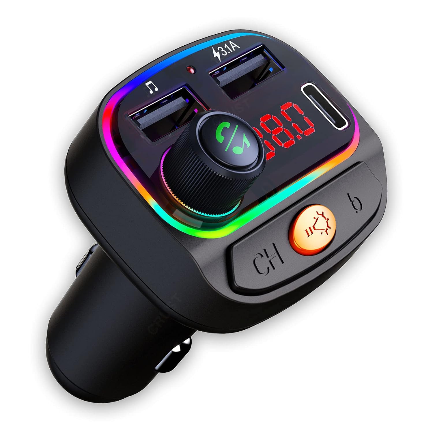 Crust Cs30 Car Bluetooth Device [upgraded Bt V5.3] with Call Receiver, Fm Transmitter for Music System & Dual Usb + Type C Charger; 7 Colour Led Lights; 6 Eq Presets; Usb Mp3 Support; Voice Assistant