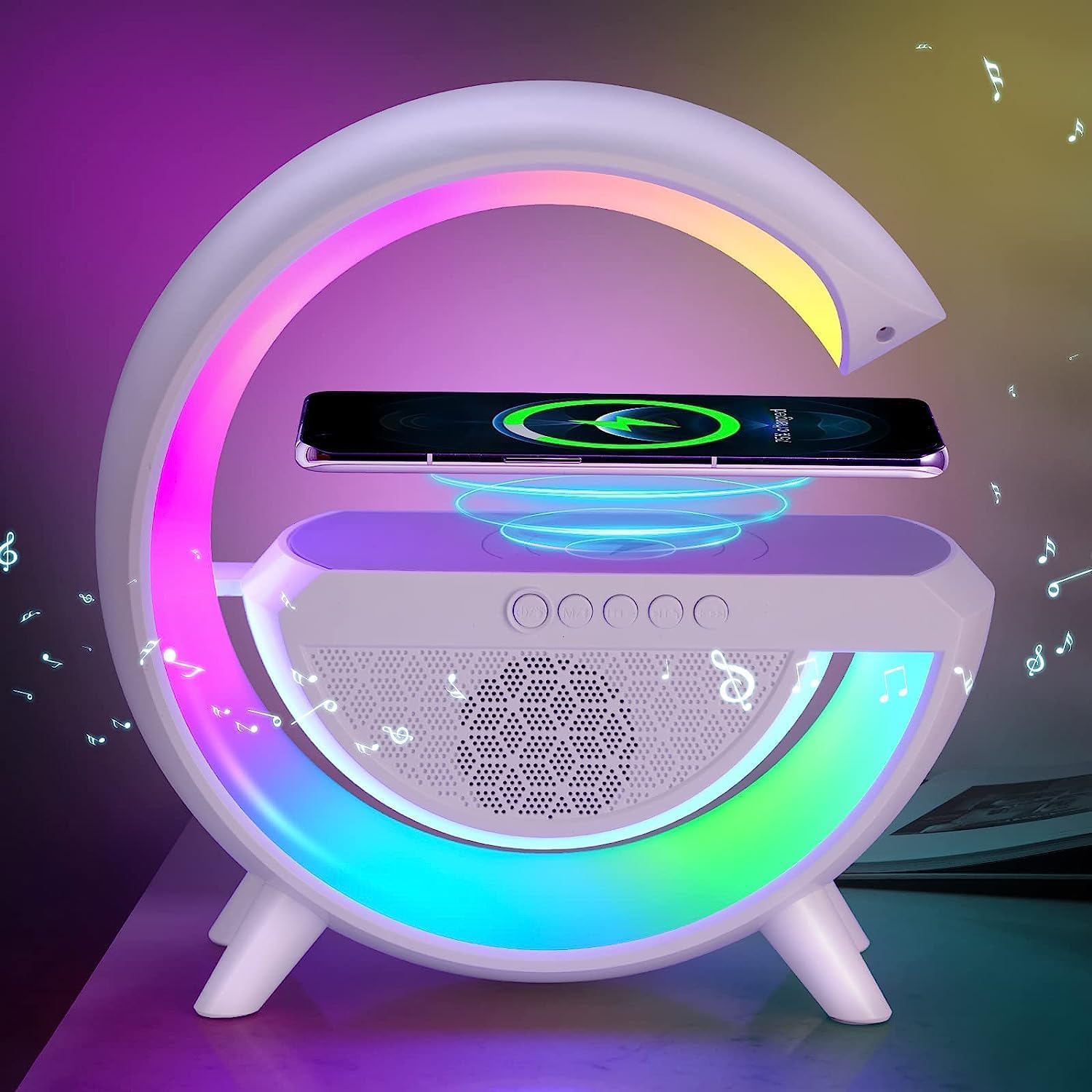 G Shape Bluetooth Speaker with 15w Wireless Charger, Rechargeable Multifunction Desk Lamp with Color Changing Light, Fm Radio & Aux, Bedside Table Lamp for Home & Office