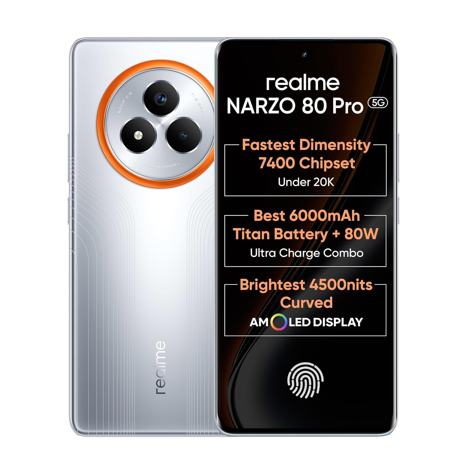Realme Narzo 80 Pro 5g (speed Silver,8gb+256gb) | Segment's 1st Mediatek Dimensity 7400 Chipset | 6000mah Titan Battery + 80w Ultra Charge | 4500nits Hyperglow Esports Display | Ip69 Waterproof