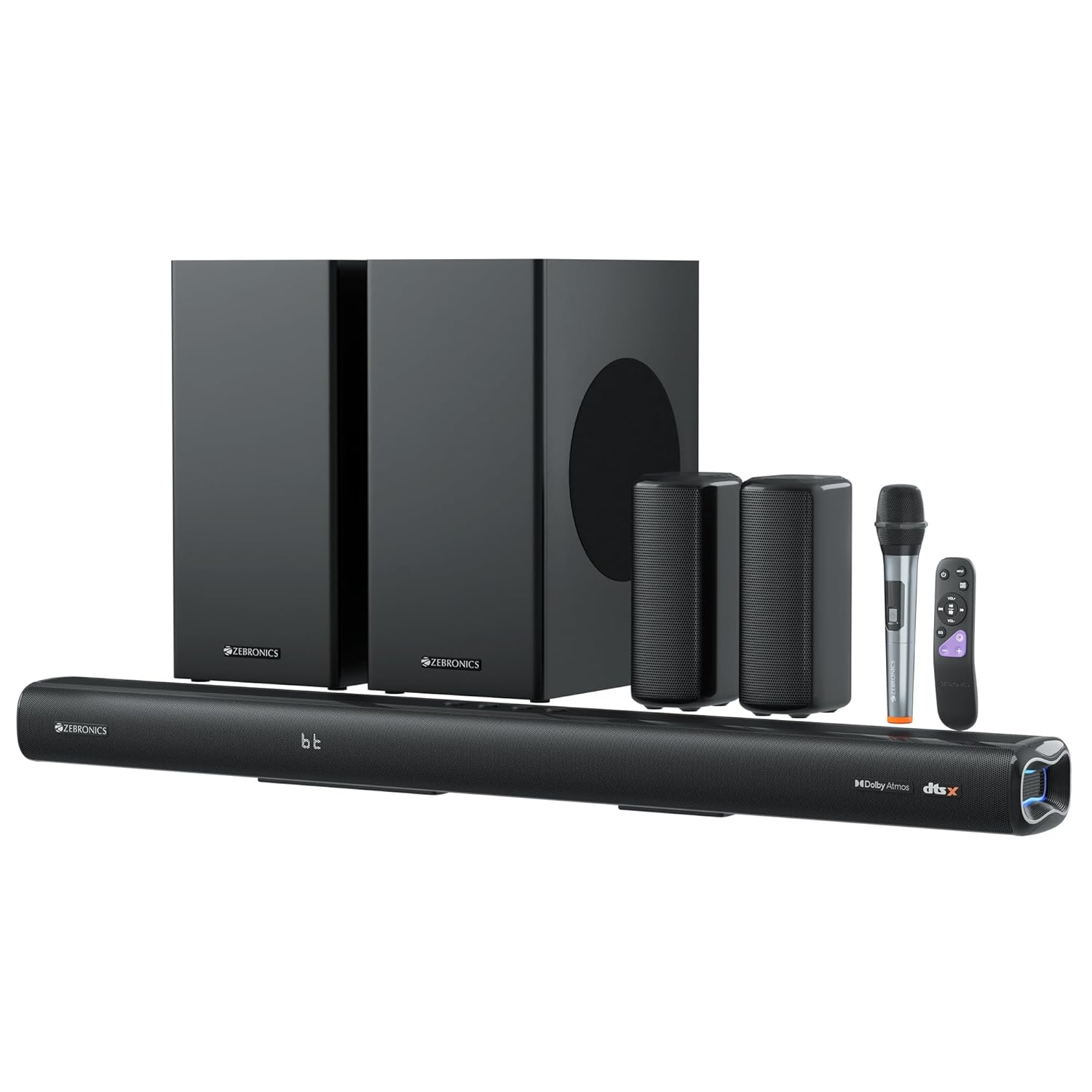 Zebronics Juke Bar 9900 Soundbar, 725 Watts, Dts X, Dolby Atmos, 5.2.4 Ch, 2x Wireless (subwoofer & Satellites), Bt V5.3 | Hdmi Earc | Optical in | Aux | Usb, Rgb Led, Wireless Uhf Mic, Deep Bass