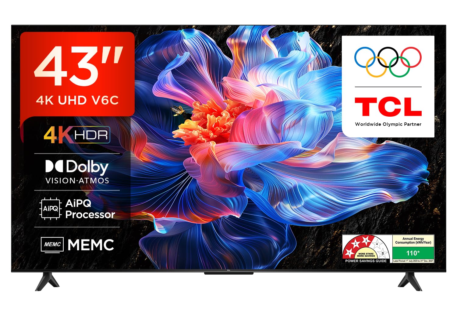 Tcl 108 Cm (43 Inches) Metallic Bezel Less Series 4k Ultra Hd Smart Led Google Tv 43v6c (black)